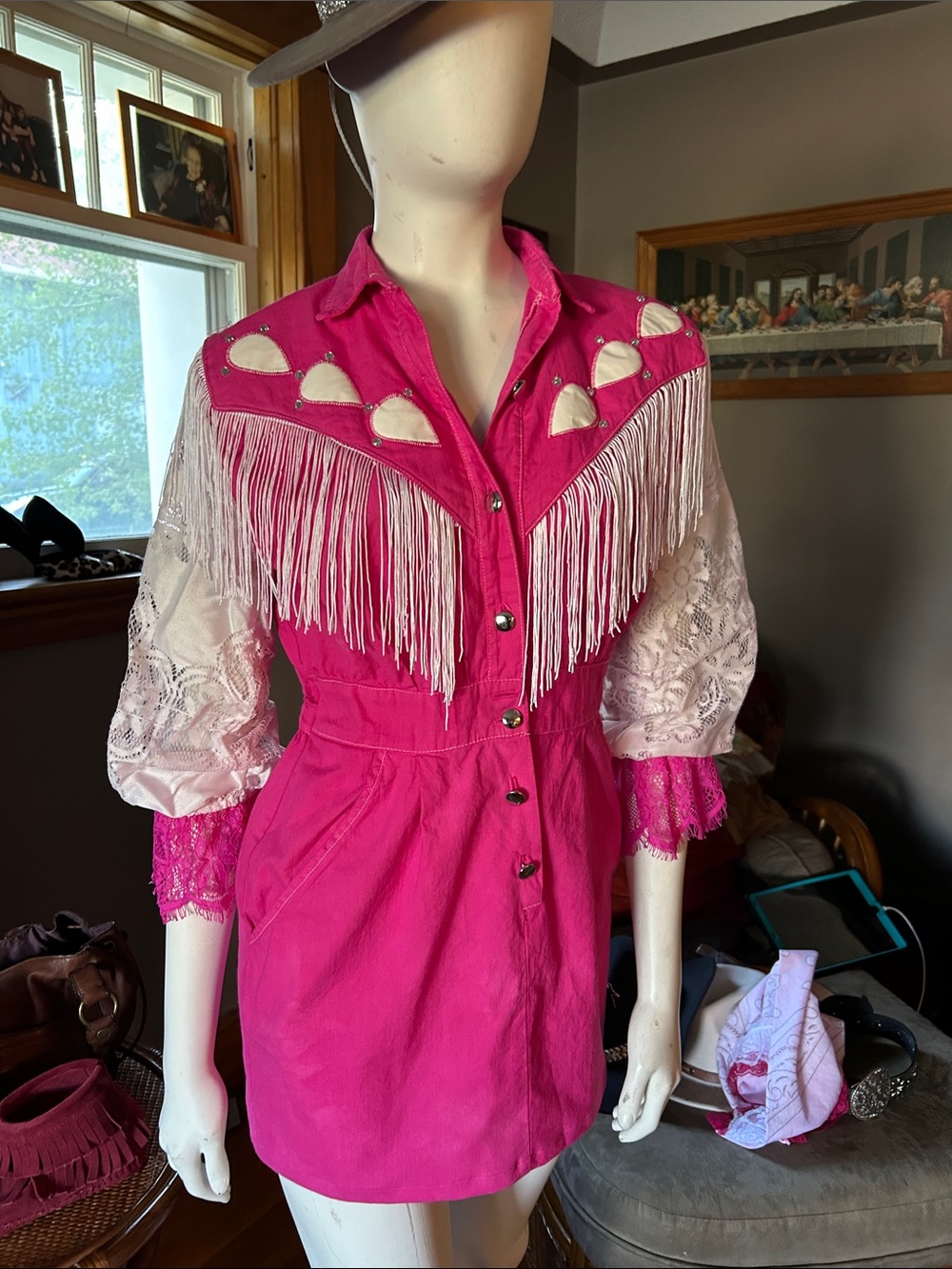 # 120  Up cycled Fringe Button-Front Shirt Dress with Lace Sleeves - Picture 6 of 11